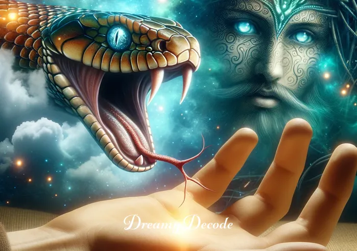 dream about snake bite meaning _ Close-up of the snake biting the dreamer