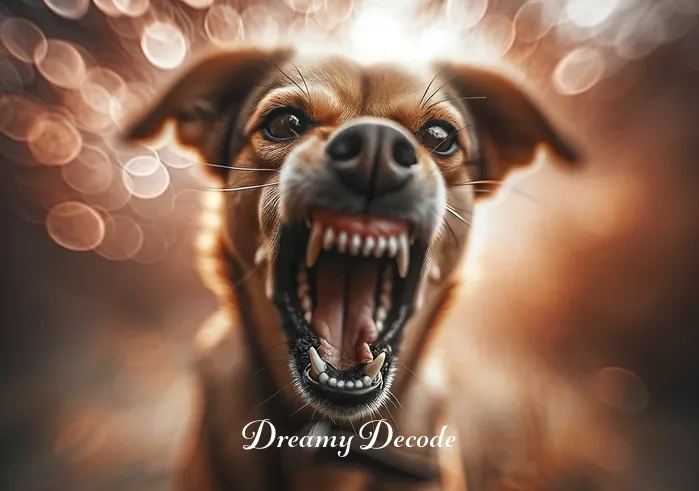 dream meaning dog bite _ Dog showing aggressive behavior, baring its teeth and growling, approaching the dreamer.
