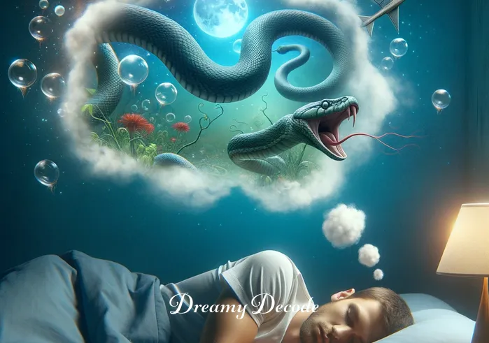 dream meaning of snake bite _ A person sleeping peacefully with dream bubbles showing a snake.