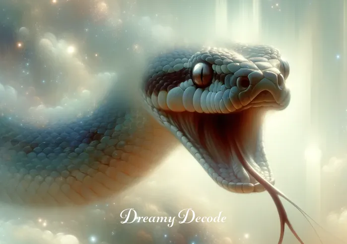 dream meaning of snake bite _ A close-up of a snake poised to strike in a dreamlike setting.
