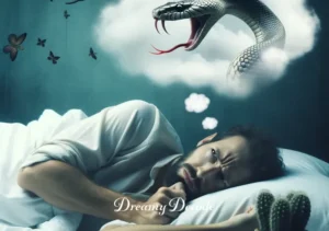 dream meaning snake bite _ Person waking up abruptly, looking distressed and thoughtful, symbolizing reflection on the dream meaning of a snake bite.