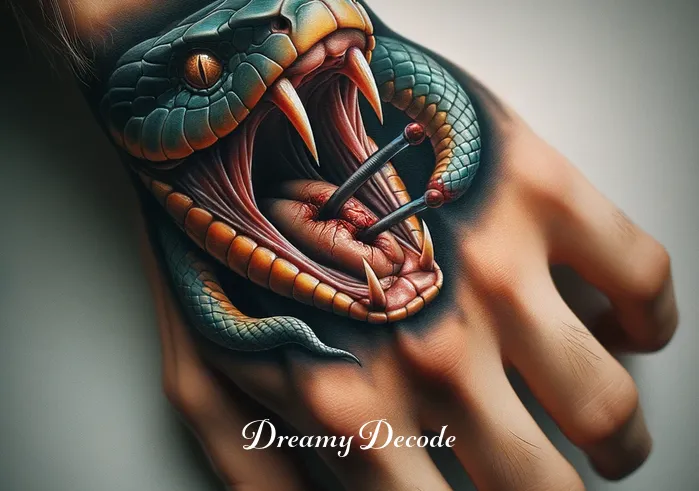 dream meaning snake bite left hand _ Snake's fangs piercing the skin of the left hand, symbolizing the bite and its dream meaning.