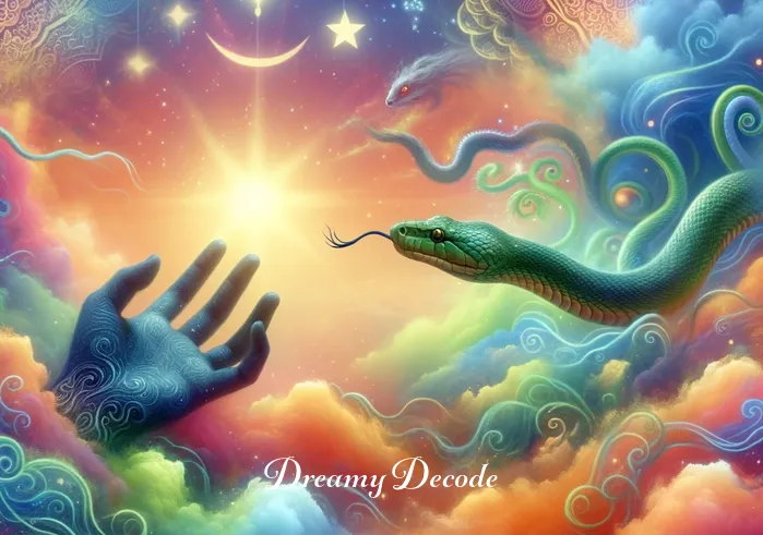dream meaning snake bite left hand islamic _ A vivid dream landscape featuring a snake approaching a left hand.
