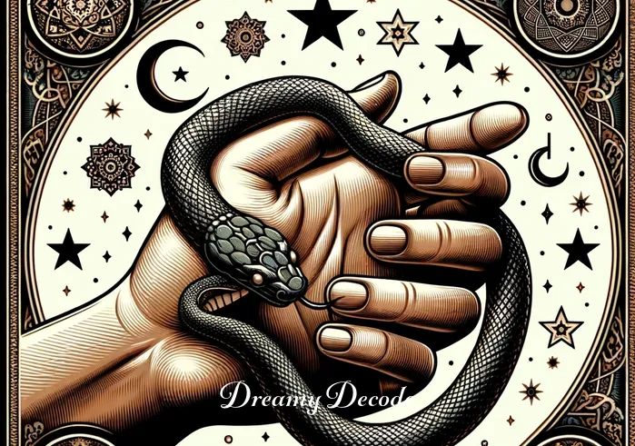 dream meaning snake bite left hand islamic _ Close-up of a snake biting the left hand with symbols of Islamic interpretation around it.