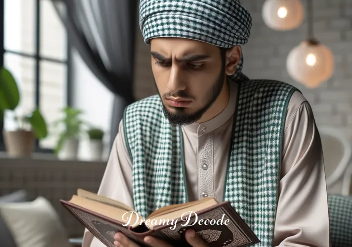 dream meaning snake bite left hand islamic _ An Islamic scholar with a book, interpreting the dream with concerned expression.