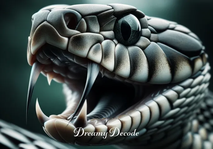 dream meaning snake bite right hand _ A detailed close-up of a snake poised to strike, focusing on its fangs.