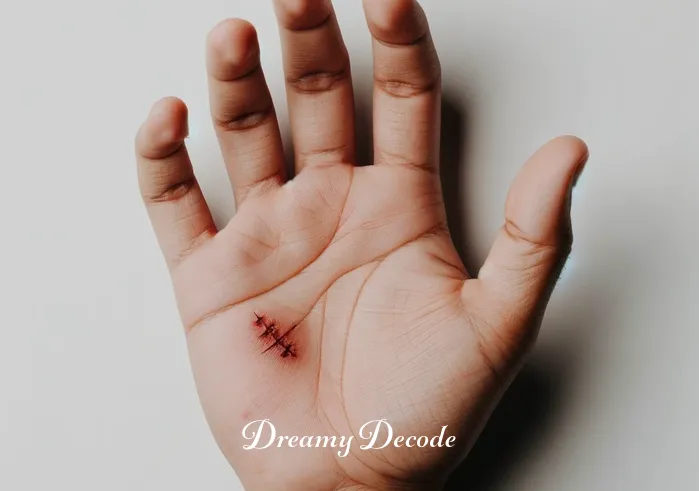 dream meaning snake bite right hand _ A hand with a fresh snake bite mark, showing puncture wounds on the right palm.