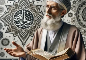 dream meaning snake bite right hand islamic _ An Islamic scholar in traditional attire, holding an old book and explaining, with a backdrop of Islamic calligraphy and symbols.