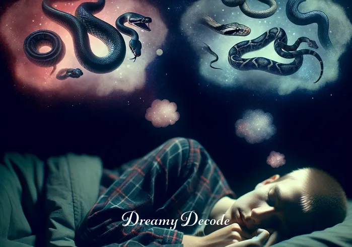 dream snake bite meaning _ A person peacefully sleeping with dream bubbles showing snakes.