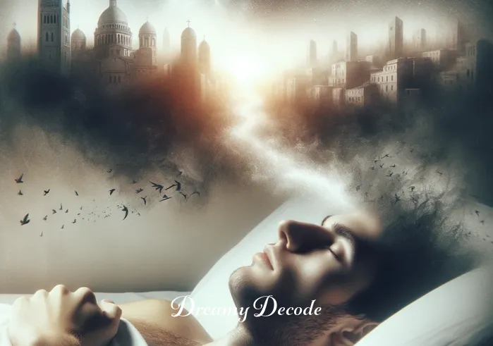 biblical meaning of dog attack in dream _ A dreamer lying in bed, eyes closed, with a faint outline of a biblical cityscape in the background.