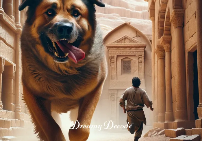 biblical meaning of dog attack in dream _ A large dog, looking aggressive, chasing after a fleeing person in an ancient Middle Eastern setting.