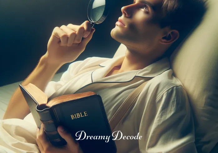 biblical meaning of dog attack in dream _ The dreamer, now awake, reflecting on the dream with a thoughtful expression, holding a Bible and searching for related verses.