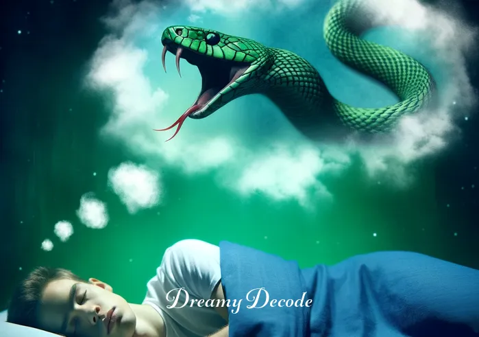green snake bite dream meaning _ A person sleeping peacefully with a faint image of a green snake appearing in their dream cloud.