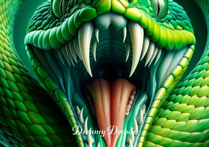 green snake bite dream meaning _ Close-up of a vibrant green snake with its fangs exposed, ready to strike.
