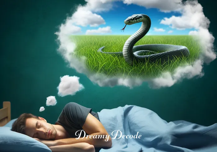 meaning of snake bite dream _ A person peacefully sleeping with a dream cloud above, showing a snake in a grassy field.