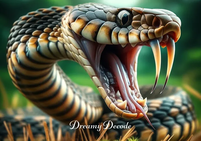 meaning of snake bite dream _ A close-up of the snake from the dream, poised to strike with its fangs exposed.