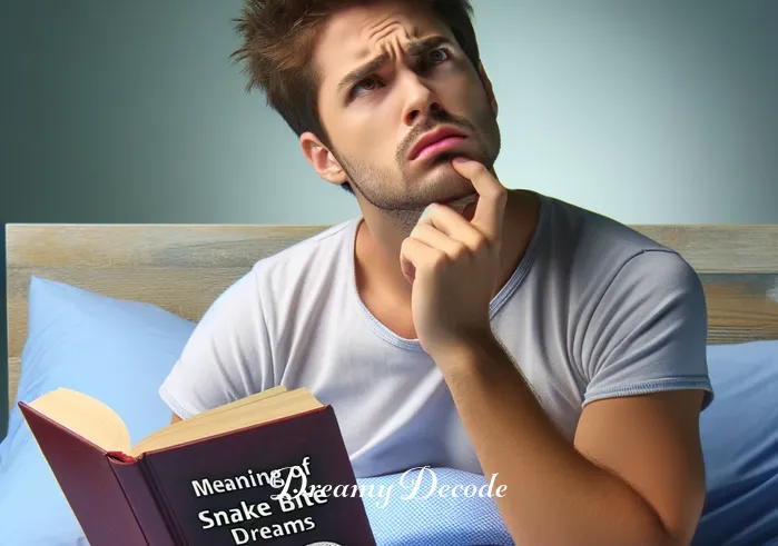 meaning of snake bite dream _ An awakened individual sitting up in bed, with a puzzled expression, holding a book titled "Meaning of Snake Bite Dreams".