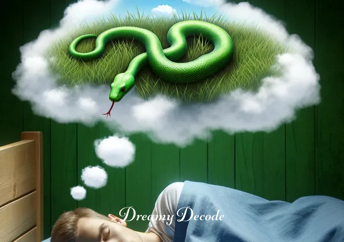 meaning of snake bite in dream _ A person peacefully sleeping with a dream cloud above, showing a vibrant green snake slithering in a grassy field.