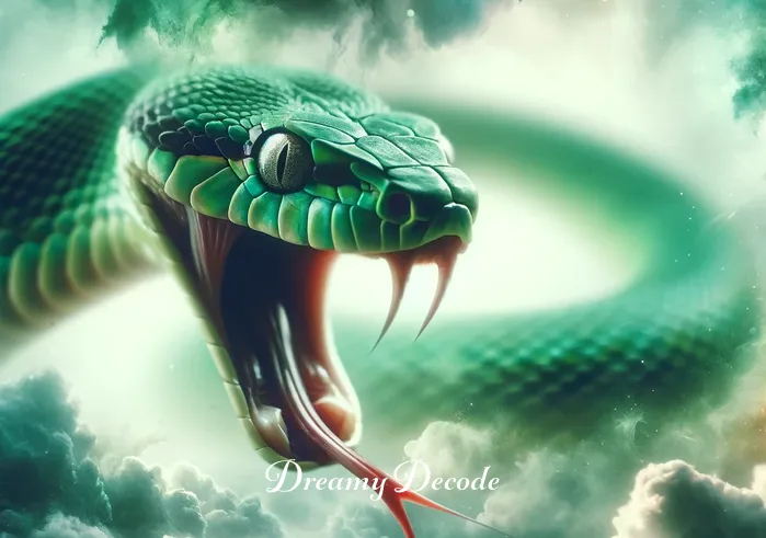 meaning of snake bite in dream _ A close-up of the snake, with its fangs bared, preparing to strike, set against a hazy dreamlike background.