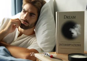 meaning of snake bite in dream _ An individual waking up in bed, looking contemplative with a book titled "Dream Interpretations" placed on the bedside table.