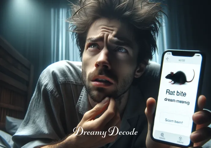 rat bite dream meaning _ Awakened individual sitting up in bed, looking puzzled and searching for "rat bite dream meaning" on a smartphone.