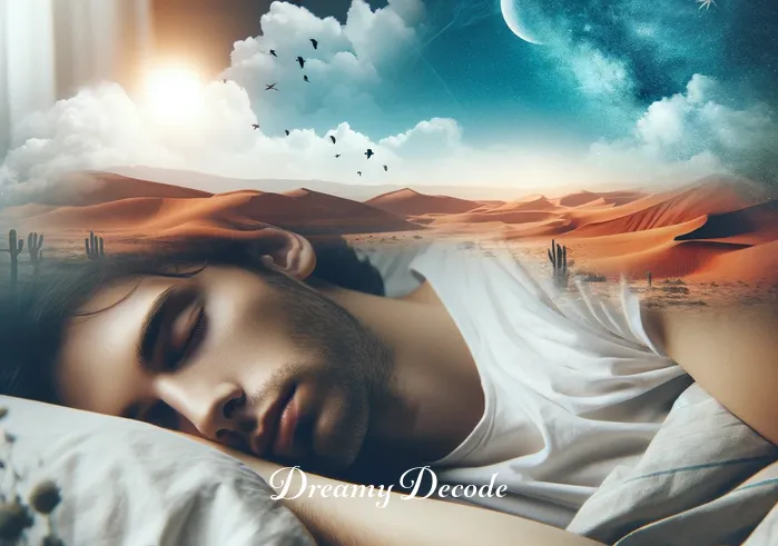 rattlesnake bite dream meaning _ A person sleeping peacefully, with faint images of desert landscapes in the background, symbolizing the onset of a dream.