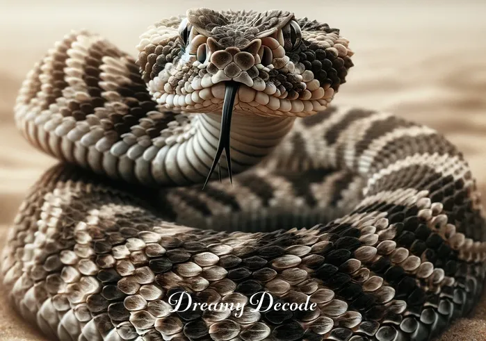 rattlesnake bite dream meaning _ A close-up of a coiled rattlesnake in a desert setting, its rattle raised and eyes focused, preparing to strike.
