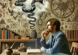 rattlesnake bite dream meaning _ A dream interpreter, surrounded by books and ancient symbols, deep in thought as they analyze and explain the meaning of a rattlesnake bite in a dream.