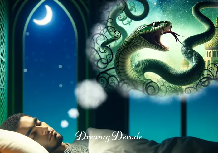 snake bite dream meaning _ A person sleeping peacefully with dream bubbles showing snakes.