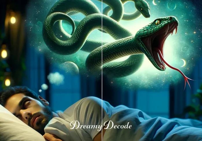 snake bite dream meaning _ Close-up of a snake about to strike in the dream bubble.