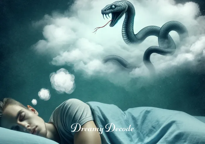 snake bite dream spiritual meaning _ A dreamer lying in bed, eyes closed, with a faint outline of a snake approaching in the dream cloud above their head.