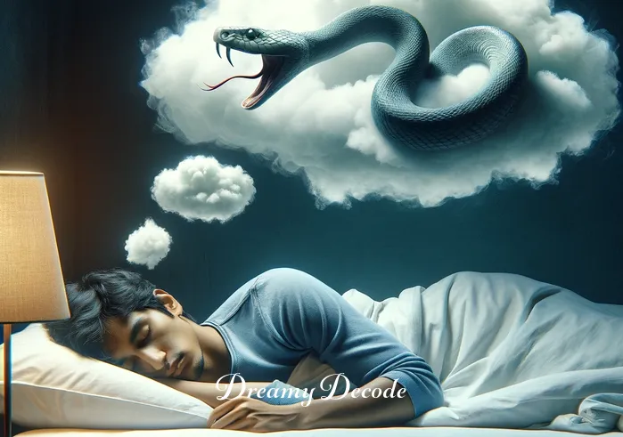 snake bite in dream meaning _ A person sleeping peacefully with a dream cloud showing a snake.