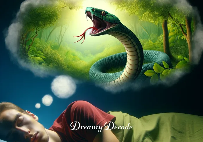 snake bite in dream meaning hindu _ A person asleep with a vivid dream bubble showing a snake coiled in a forest setting.