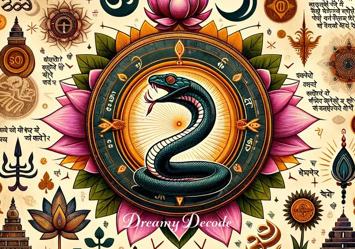 snake bite in dream meaning hindu _ Hindu symbols and scriptures surrounding an illustration of a snake bite, emphasizing its significance.