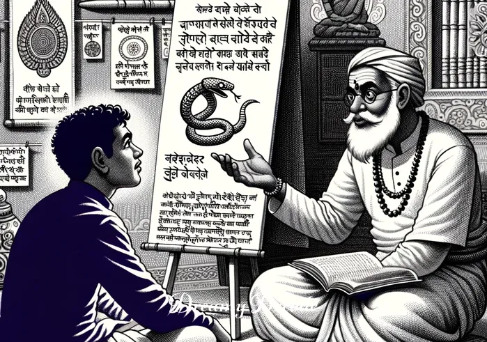 snake bite in dream meaning hindu _ A dream interpreter, referencing ancient Hindu texts, explaining the meaning of a snake bite to a curious individual.