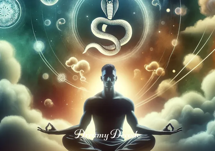 snake bite in dream meaning hindu _ A serene individual meditating, with a snake symbol and dream clouds around, symbolizing understanding and acceptance of the dream's message.