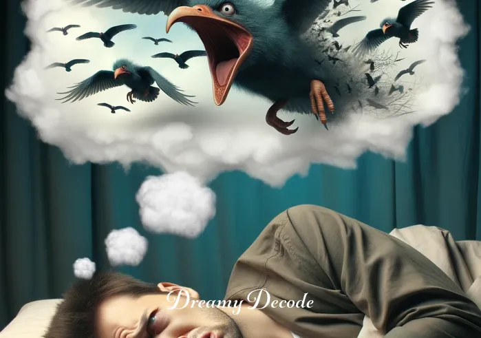 bird attack dream meaning _ A person looking distressed in their sleep as the dream cloud depicts birds swooping down aggressively.