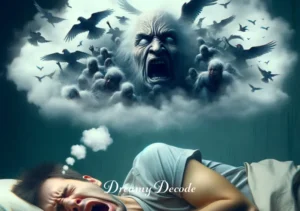 bird attack dream meaning _ A person waking up in a cold sweat, the remnants of the dream cloud showing a chaotic scene of bird attack.