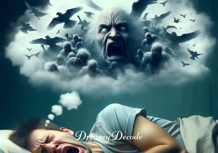 bird attack dream meaning _ A person waking up in a cold sweat, the remnants of the dream cloud showing a chaotic scene of bird attack.
