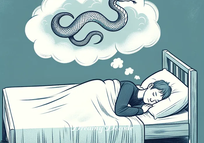 snake bite someone in dream meaning _ Person sleeping peacefully, with faint silhouette of a snake in the dream cloud above them.