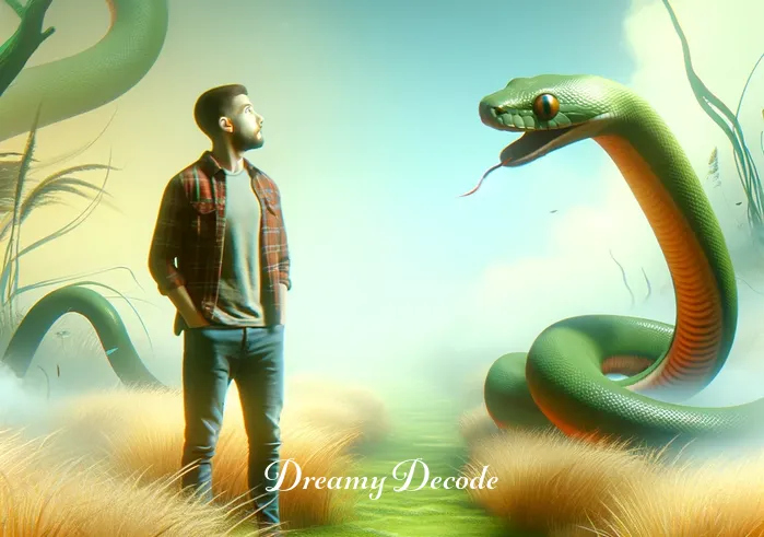 snake bite someone in dream meaning _ Person in dream, looking surprised as a snake slithers nearby, hinting danger.