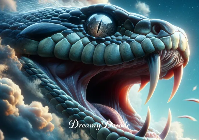 snake bite someone in dream meaning _ Close-up of the snake in the dream, poised to strike with fangs visible.