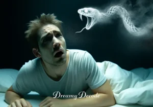 snake bite someone in dream meaning _ Person waking up in bed, looking startled and sweating, with remnants of the snake dream fading.