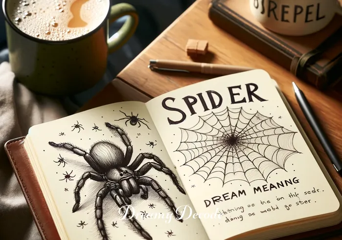 spider bite dream meaning _ A journal on a nightstand with the words "spider bite dream meaning" written on an open page, alongside a sketch of a spider.