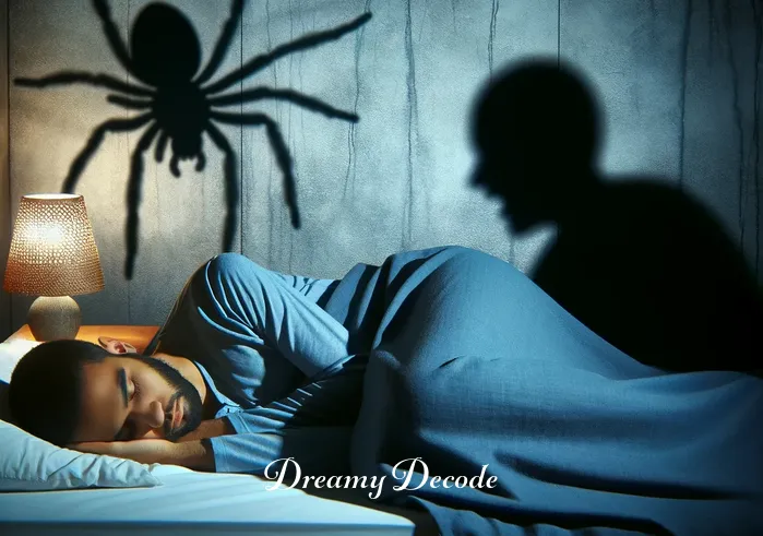 spider bite in dream meaning _ A person sleeping peacefully with a spider shadow approaching.