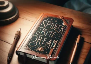 spider bite in dream meaning _ A dream journal on a bedside table with the words "Spider Bite Dream" written on an open page.