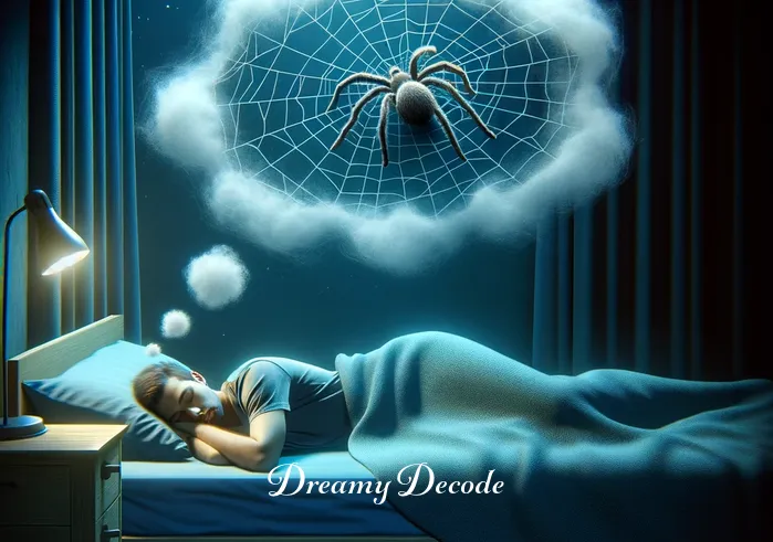 spider bite on leg dream meaning _ Person sleeping peacefully with dream cloud showing a spider on a web.
