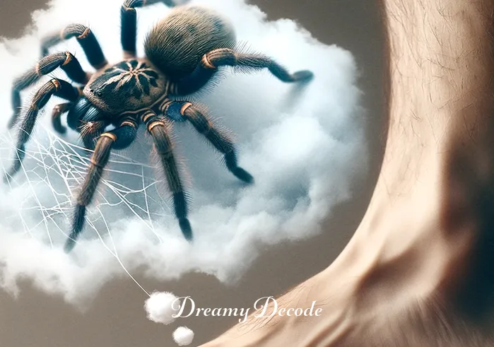spider bite on leg dream meaning _ Close-up of a spider descending towards a person