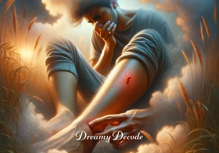spider bite on leg dream meaning _ Person in dream feeling a sharp pain on their leg, with a small red mark visible.