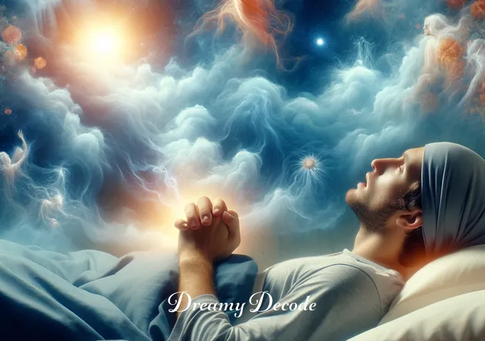 spiritual meaning of dog bite in a dream _ Dreamer waking up with a contemplative expression, holding their hand and reflecting on the spiritual significance of the dream.